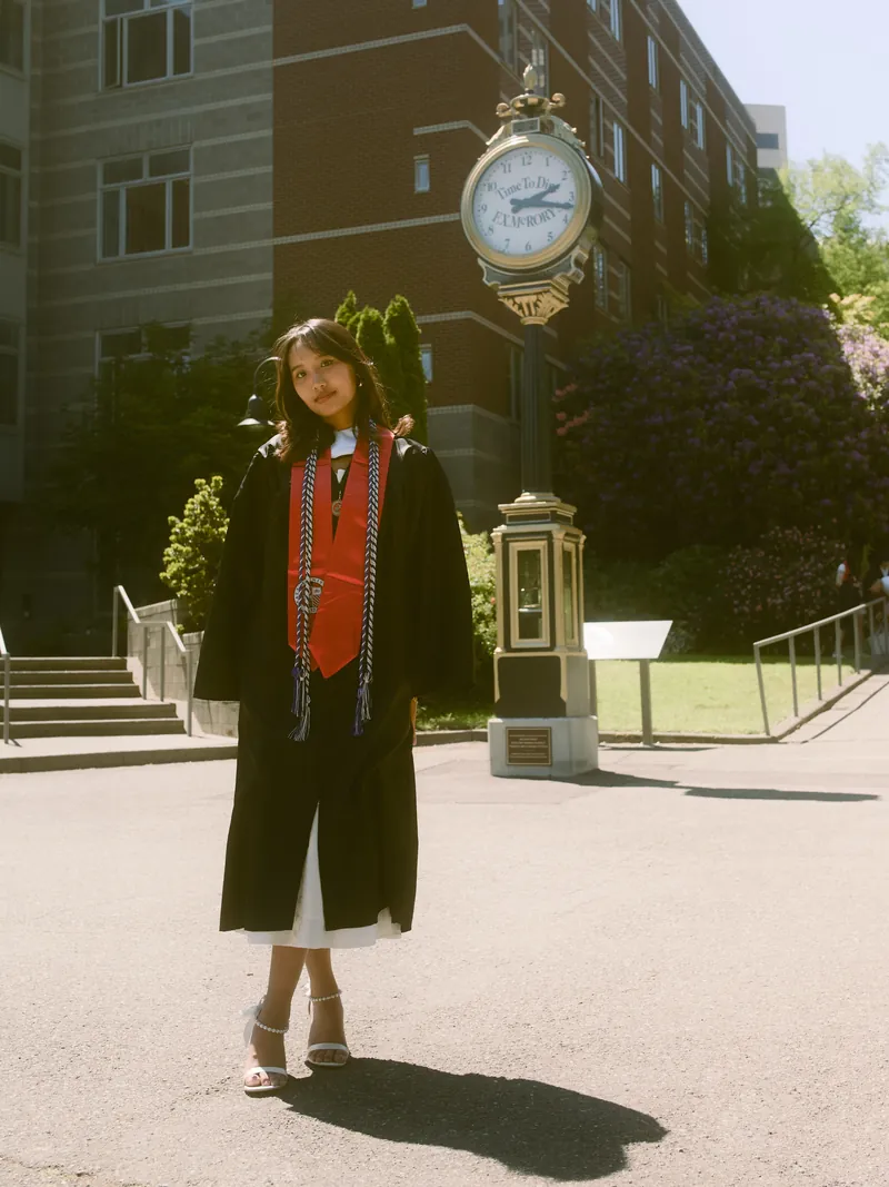 Seattle U Clock Tower graduation regalia portrait