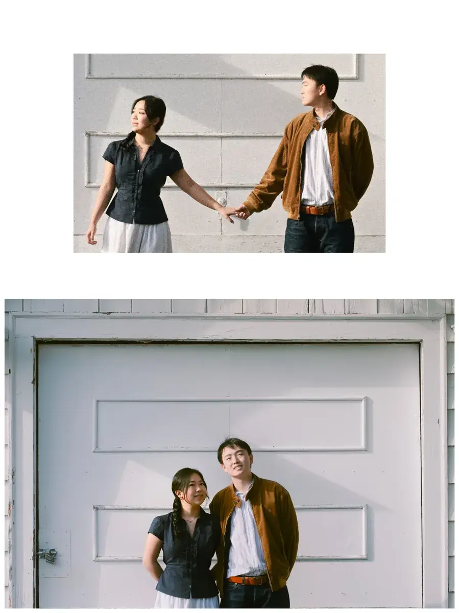 Couples portrait diptych beside a textured garage door