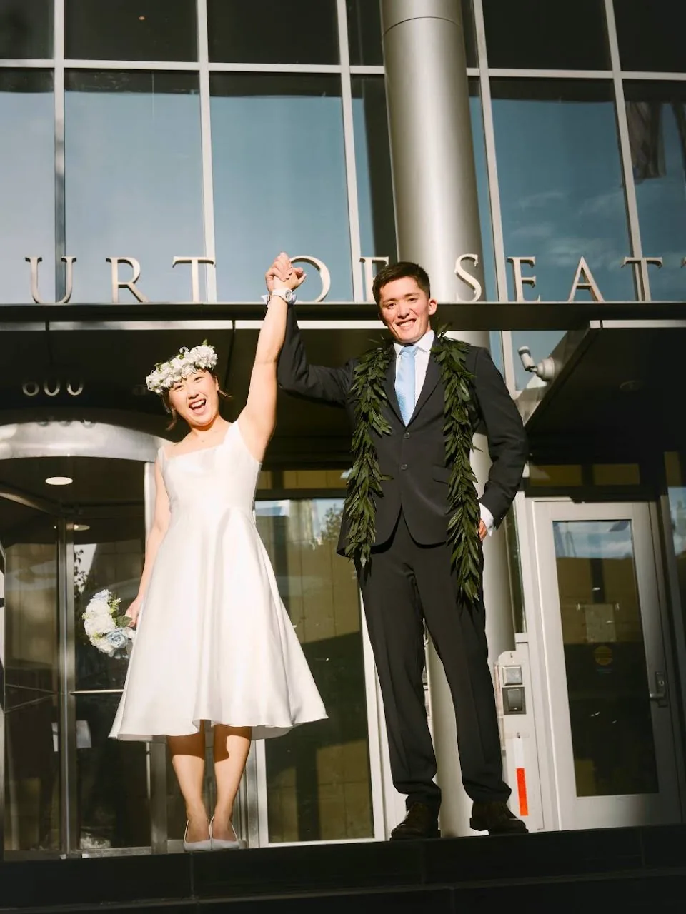 Just married celebration and congratulations outside Seattle courthouse