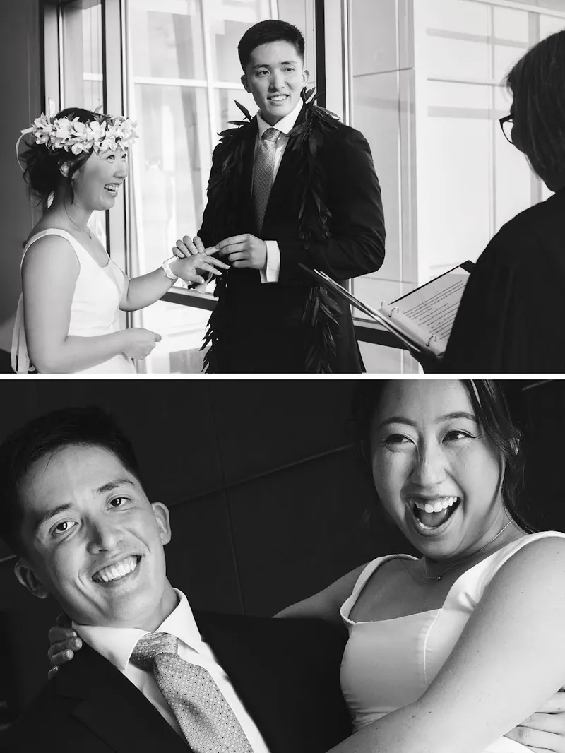 A couple exchanging rings and laughing during their courthouse ceremony