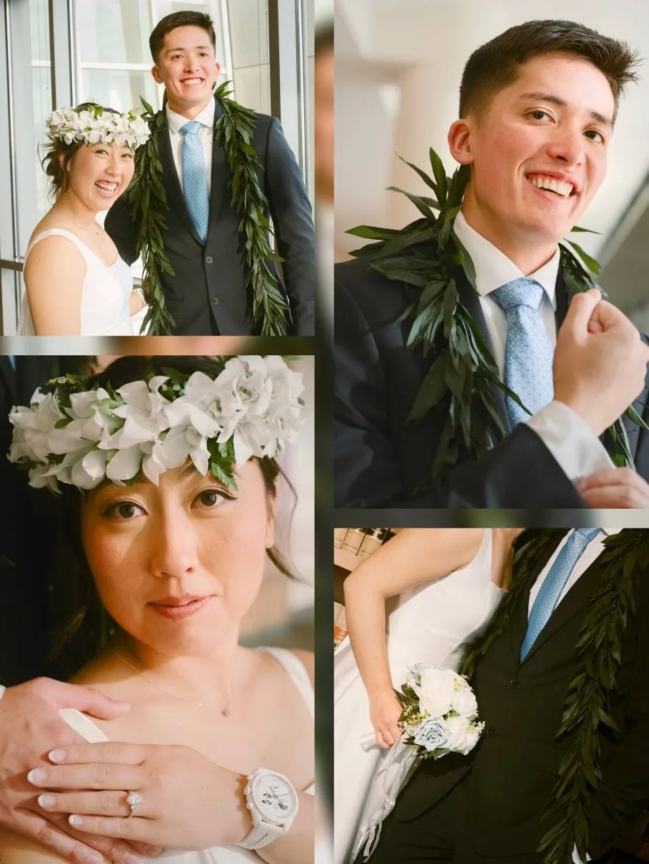 Seattle courthouse wedding details moodboard with rings, bouquet, and ceremony essentials