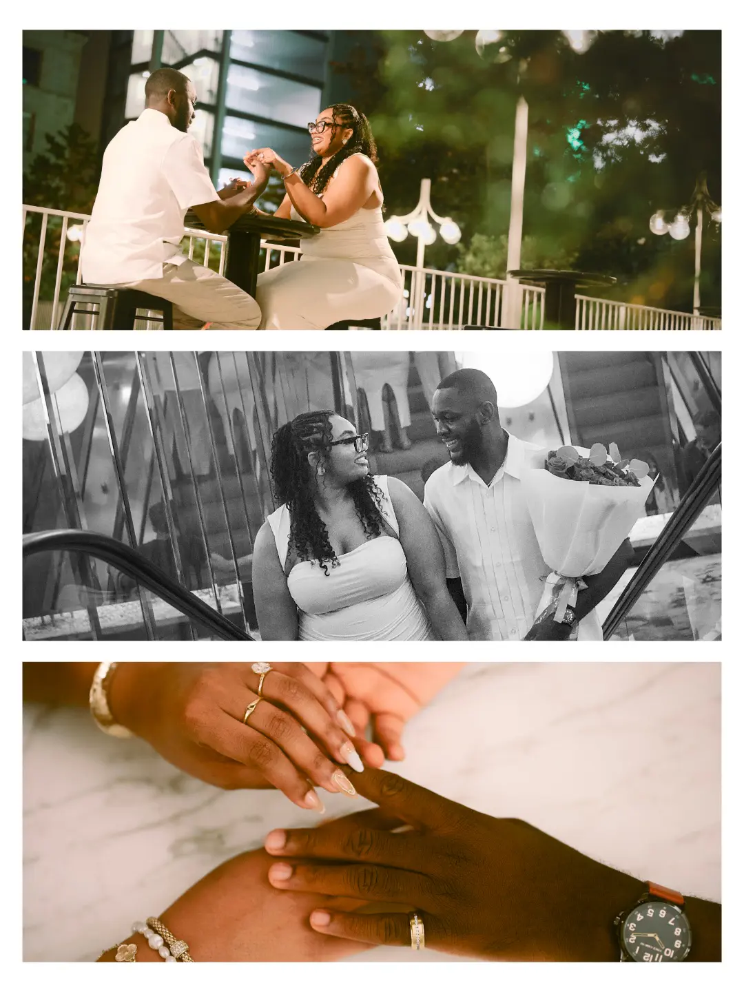 Engagement story collage with portraits and a close-up of the ring