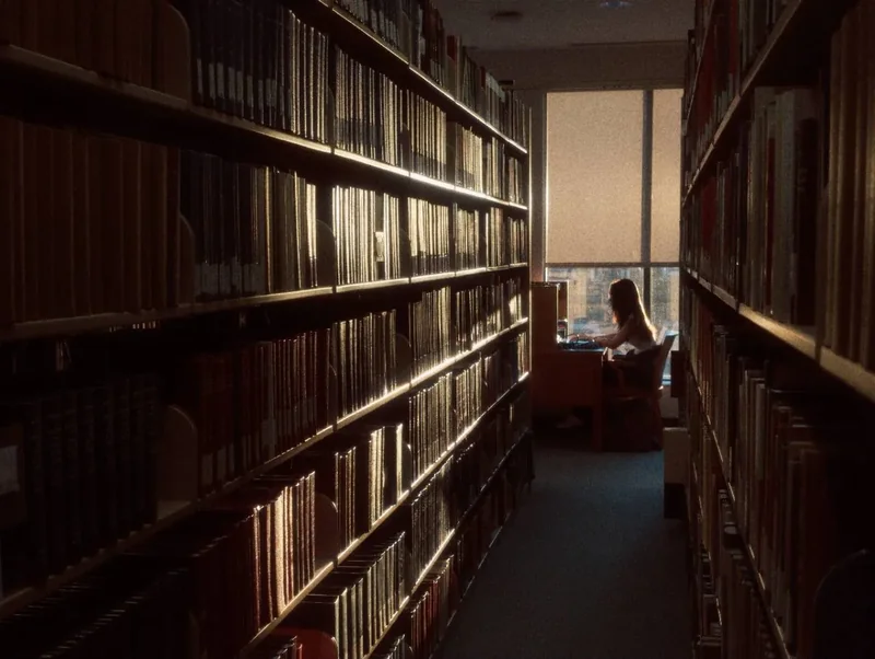 창가를 배경으로 Suzzallo Library 서가 사이에서 공부하는 학생