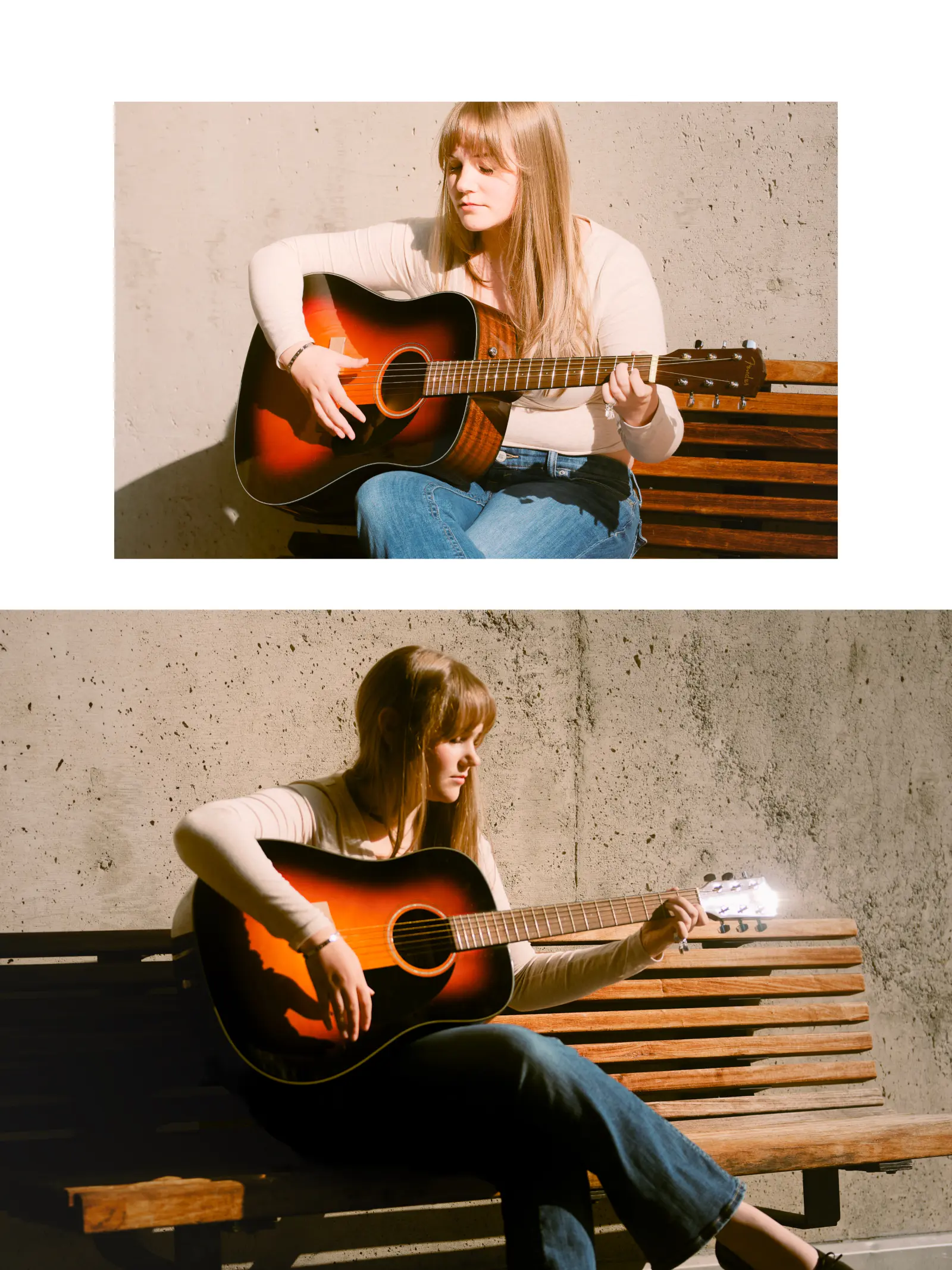Senior playing acoustic guitar on a bench