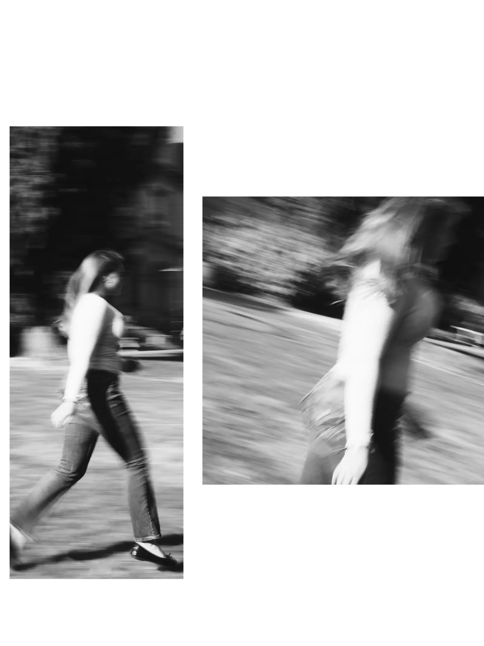 Black-and-white motion portraits of a senior walking